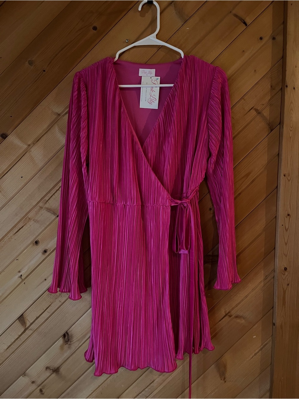 Pink Lily Fuchsia Pleated Wrap Dress with Long Sleeves